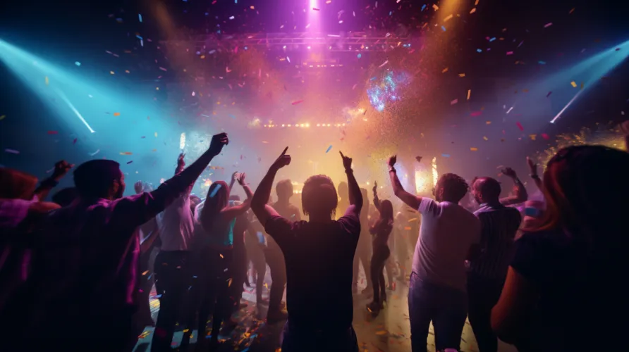 Crowd dancing under stage lights at a DJ party