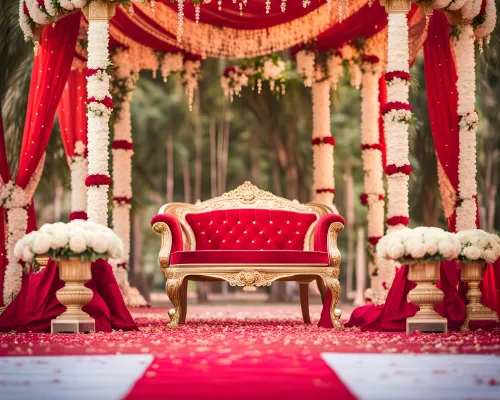 Red and gold wedding mandap with a couple's sofa