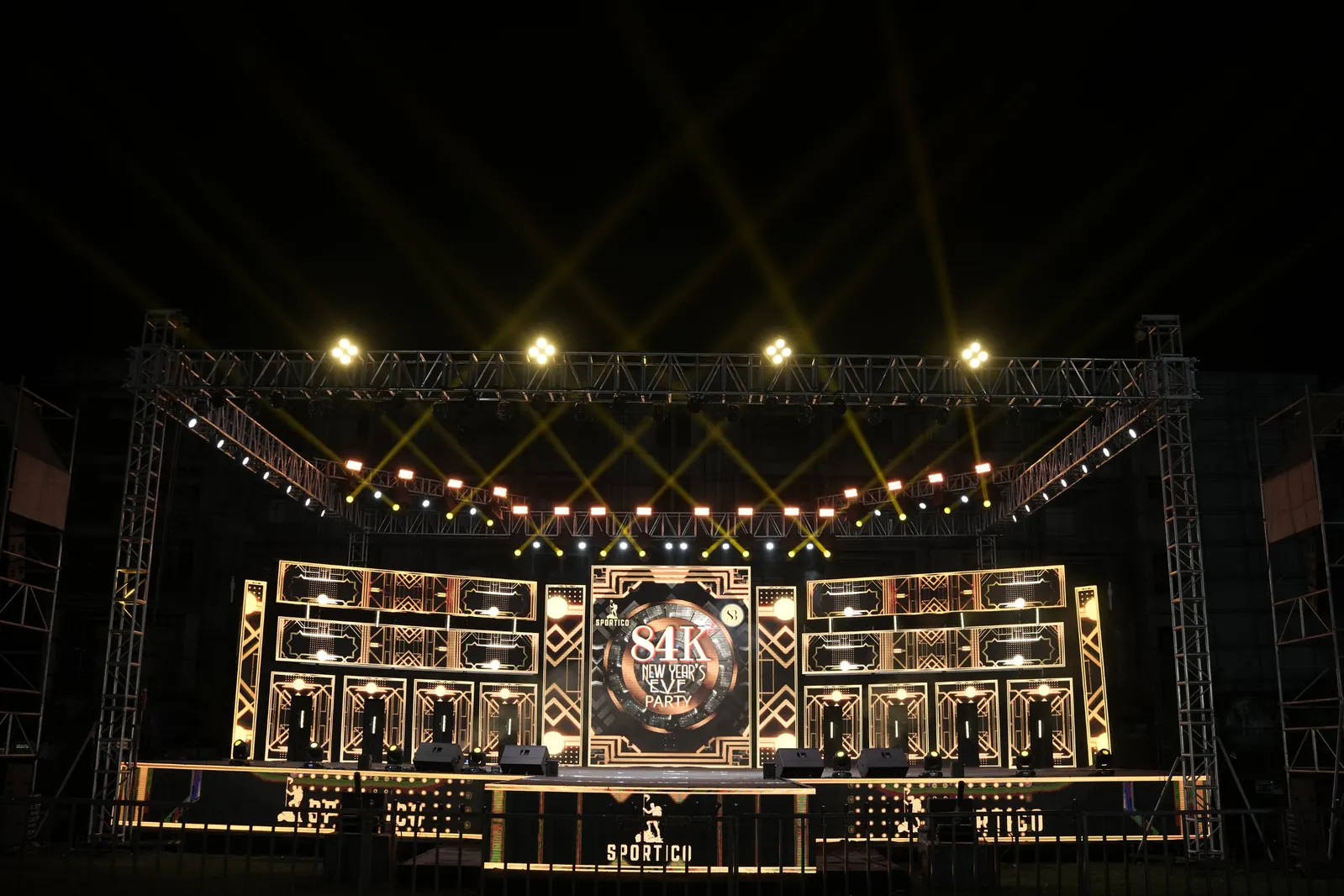 New Year party stage with lights at Sportico Resorts near Bangalore