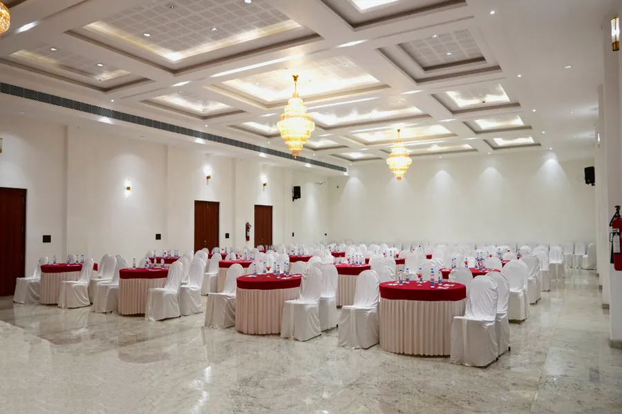 Elegance banquet hall at Sportico Resorts near Bangalore, set for a wedding