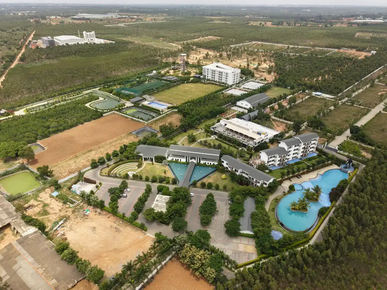 Aerial view of Sportico Resorts, a 30-acre resort near Malur, Bangalore